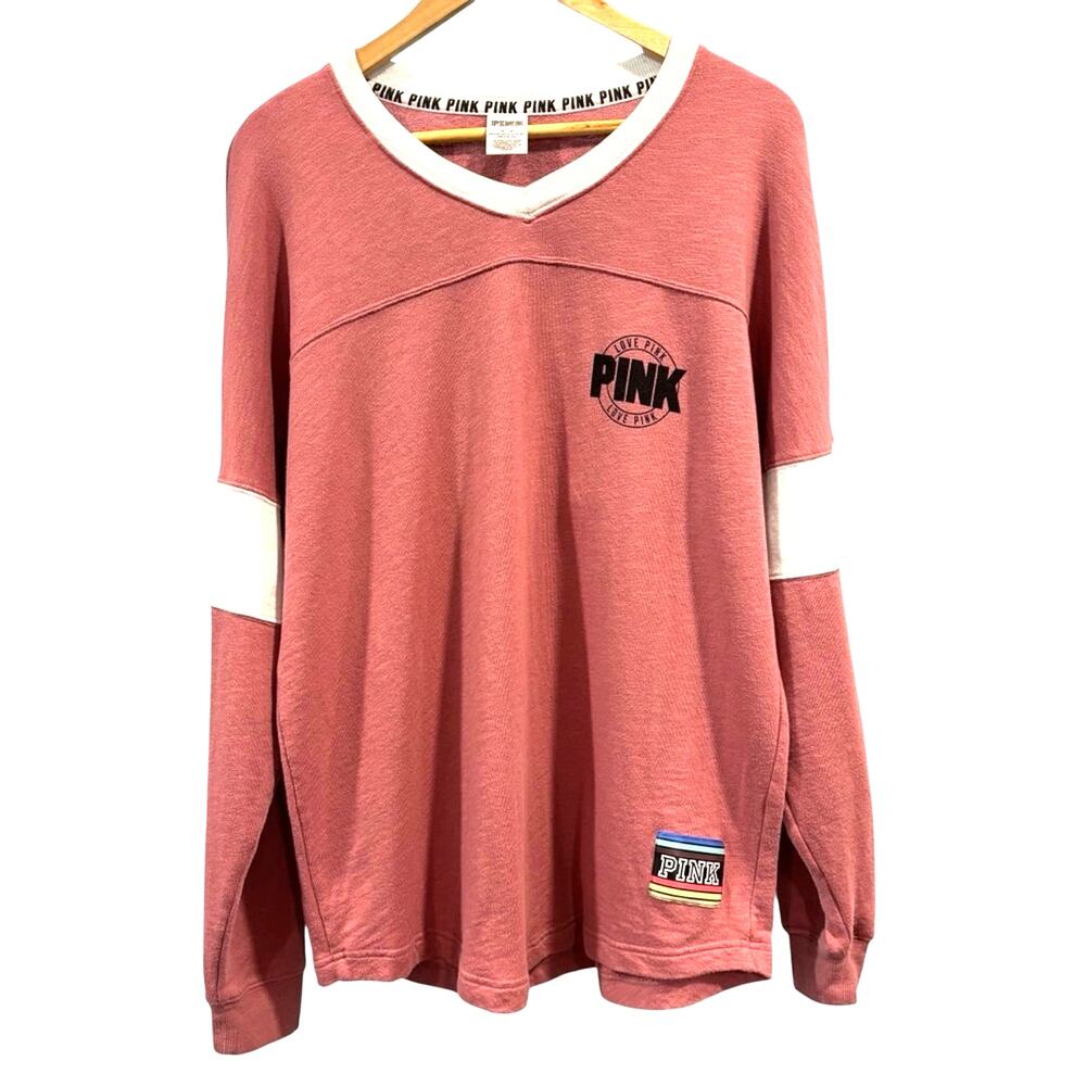 Victoria's Secret PINK Varsity V-Neck Long Sleeve Jersey Tee Mauve Pink, Medium